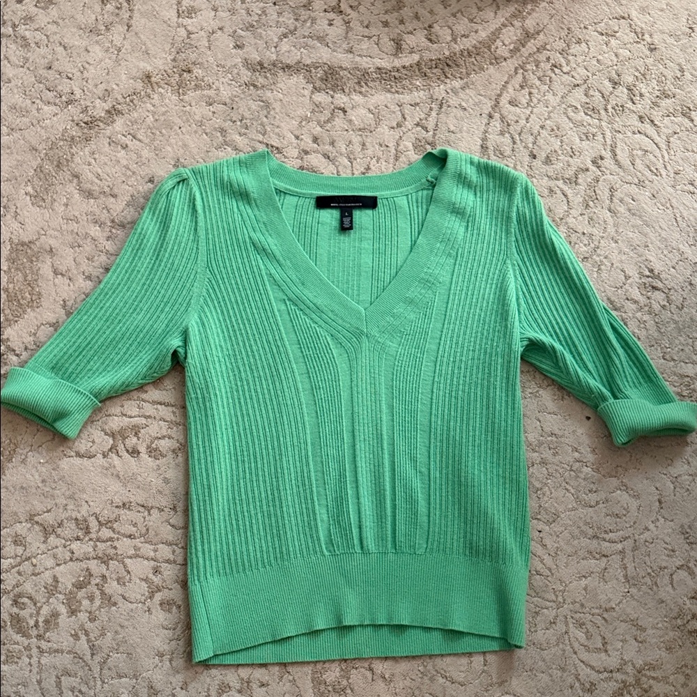 Green V-Neck Ribbed Sweater Shirt